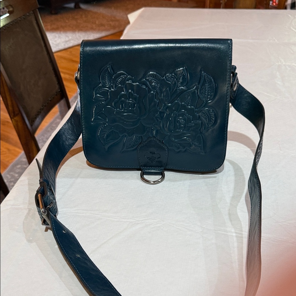 Embroidered Floral Leather Crossbody Bag - Teal